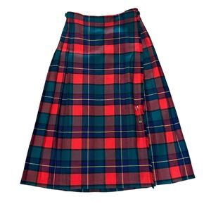 Deans of Scotland Vtg Size 12 100% Wool Red Plaid Pleated Buckle Waist Pin Skirt